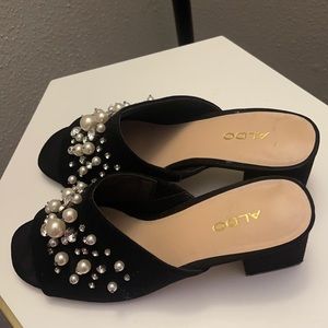 Aldo Mule Heel Black Suede Peep Toe Pearl Beads